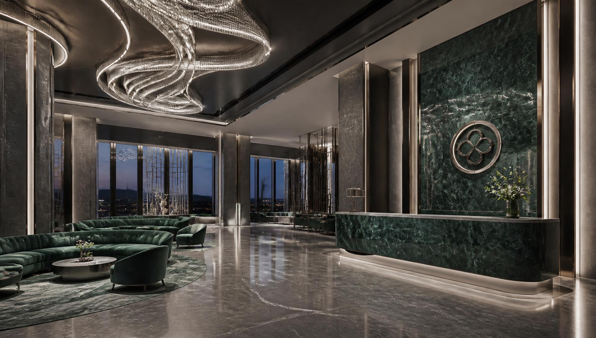 Luxury casino lobby with emerald stone reception desk and sculptural silver ceiling light