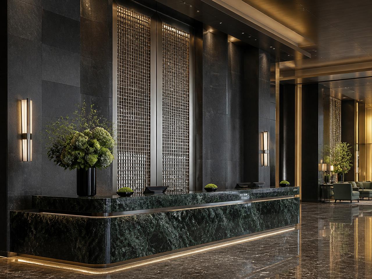 Casino hotel reception with dark stone and emerald marble desk